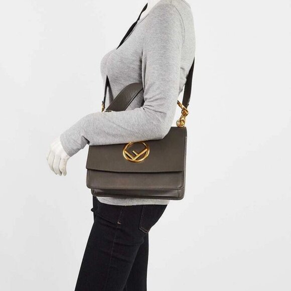 Fendi Grey Leather Kan I F Logo Shoulder Bag - Picture 2 of 12
